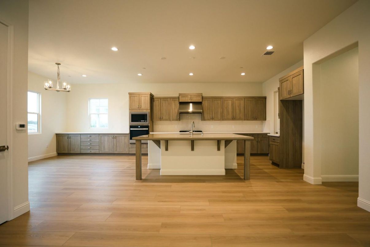 Chandelier, Interior, Kitchen, Recessed Lighting, Stainless Steel Appliances, Wood Texture Flooring