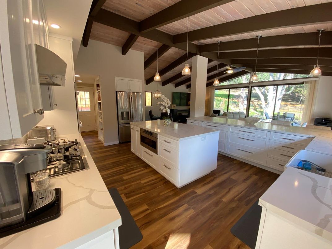 Interior, Kitchen, Pendant Lights, Recessed Lighting, Wooden Beams, Wooden Ceilings, Wood Texture Flooring