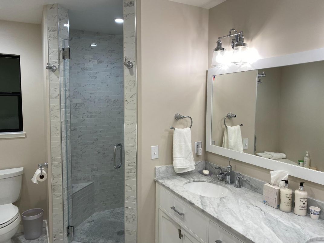 Bathroom, Glass Shower, Interior, Marble Walls, Recessed Lighting