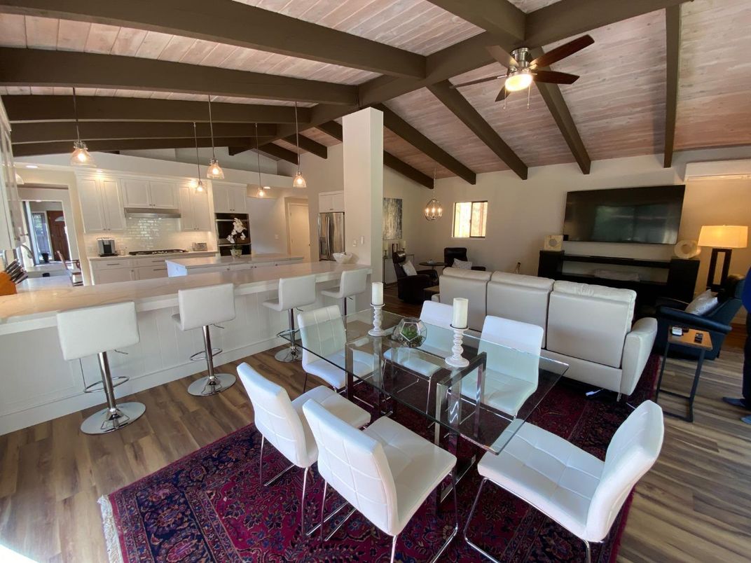 Dining room, Interior, Kitchen, Living room, Pendant Lights, Wooden Beams, Wooden Ceilings, Wood Texture Flooring