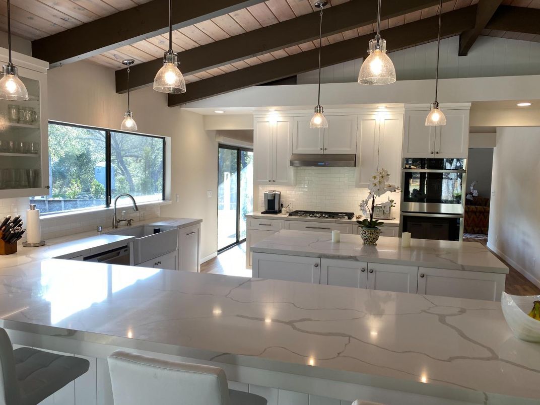 Interior, Kitchen, Pendant Lights, Recessed Lighting, Stainless Steel Appliances, Wooden Beams, Wooden Ceilings