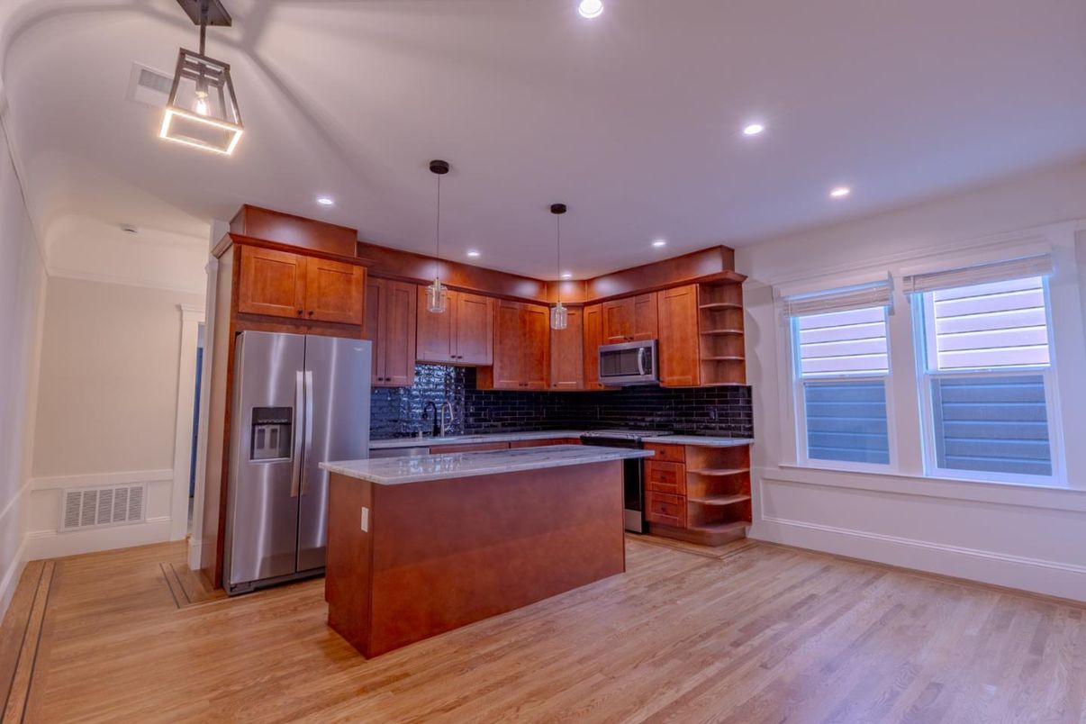 Interior, Kitchen, Pendant Lights, Recessed Lighting, Stainless Steel Appliances, Wood Texture Flooring