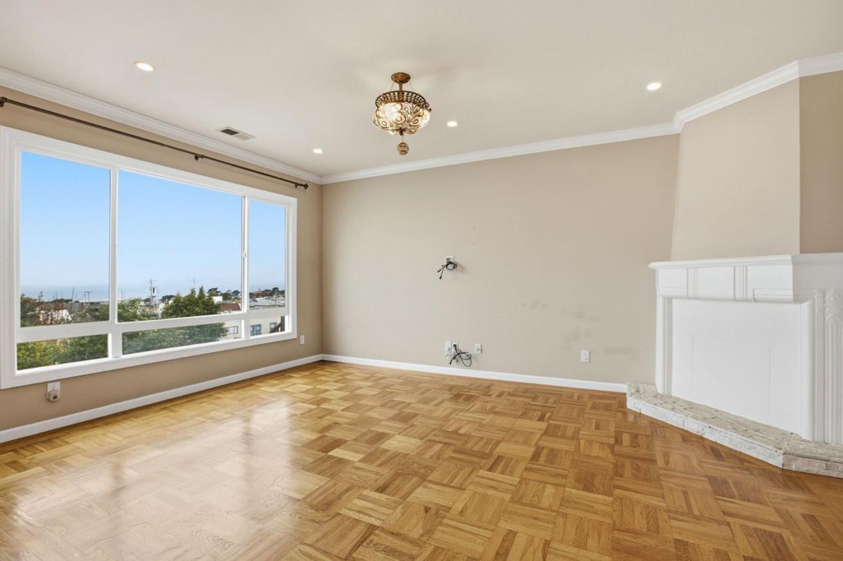 Empty room, Fireplace, Interior, Recessed Lighting, Wood Texture Flooring