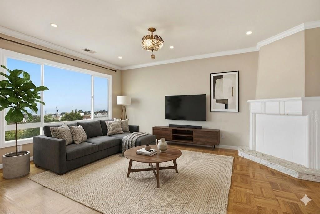 Interior, Living room, Recessed Lighting, Wood Texture Flooring