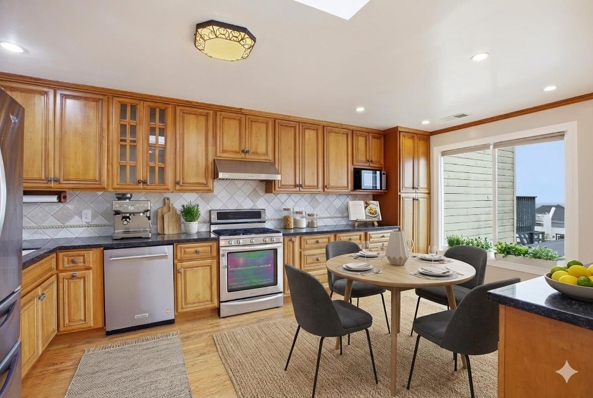 Dining room, Interior, Kitchen, Recessed Lighting, Stainless Steel Appliances, Wood Texture Flooring
