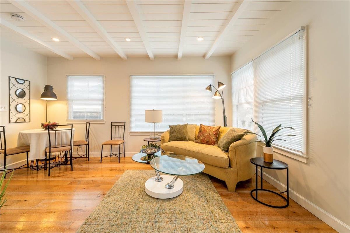 Dining room, Interior, Living room, Recessed Lighting, Wood Texture Flooring