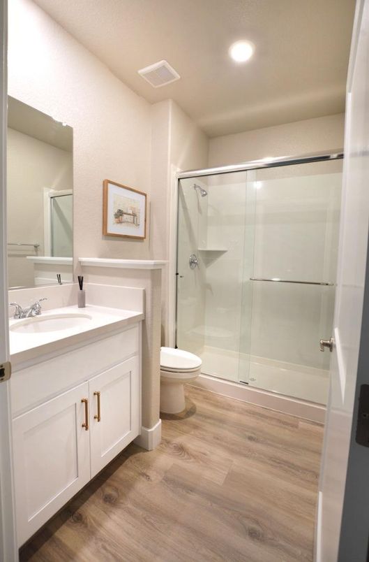 Bathroom, Glass Shower, Interior, Recessed Lighting, Wood Texture Flooring