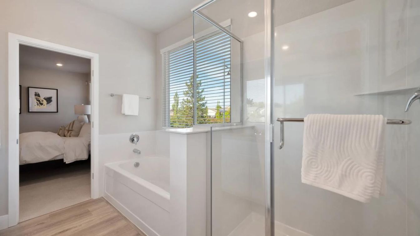 Bathroom, Bedroom, Glass Shower, Interior, Recessed Lighting, Wood Texture Flooring