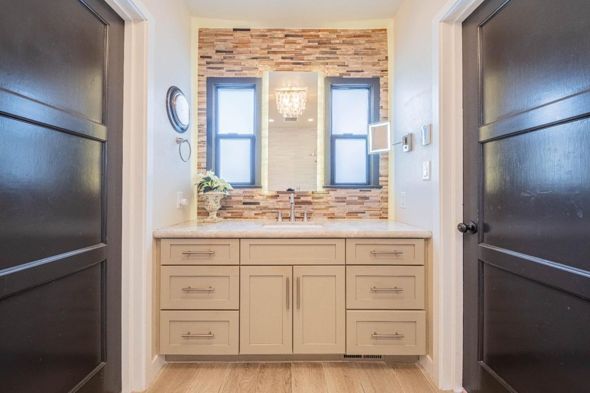 Bathroom, Interior, Stone Walls, Wood Texture Flooring