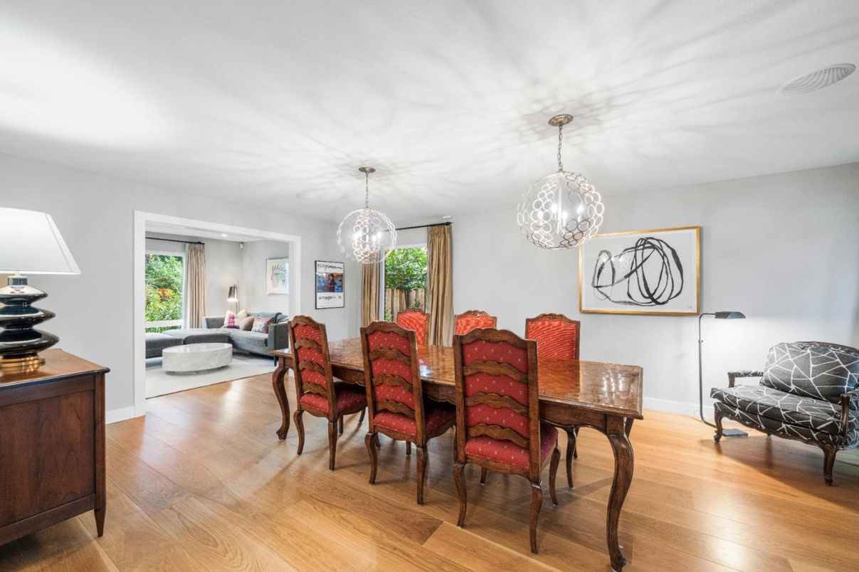 Dining room, Interior, Pendant Lights, Wood Texture Flooring