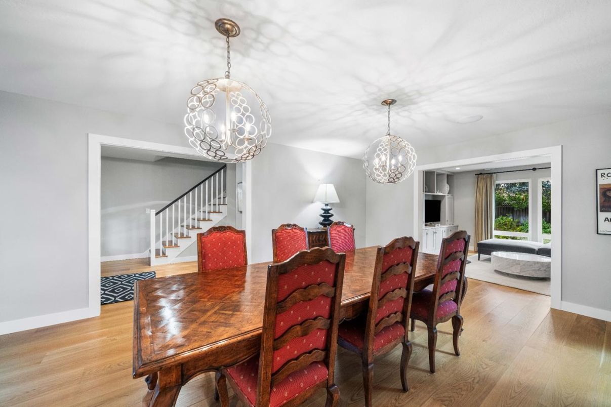 Dining room, Interior, Pendant Lights, Wood Texture Flooring