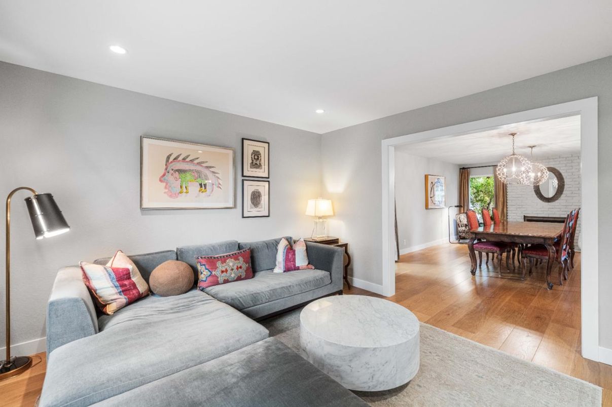 Dining room, Interior, Living room, Recessed Lighting, Wood Texture Flooring
