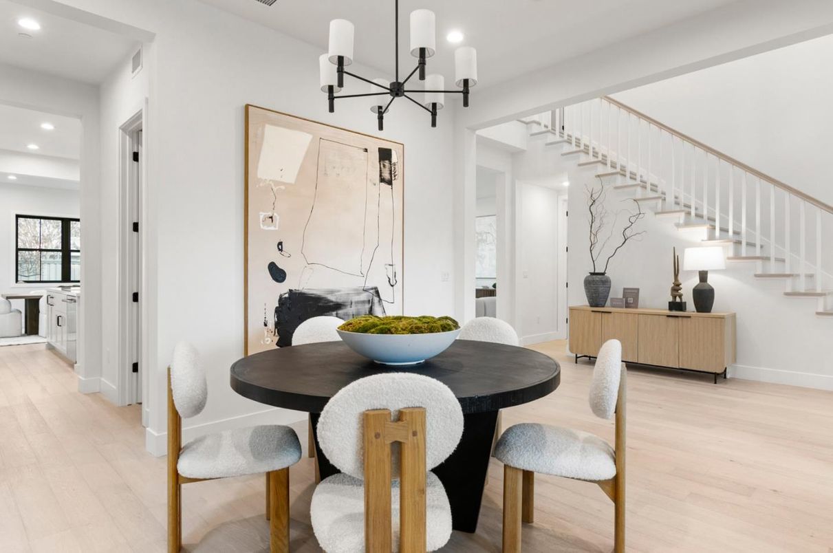 Dining room, Interior, Pendant Lights, Recessed Lighting, Wood Texture Flooring