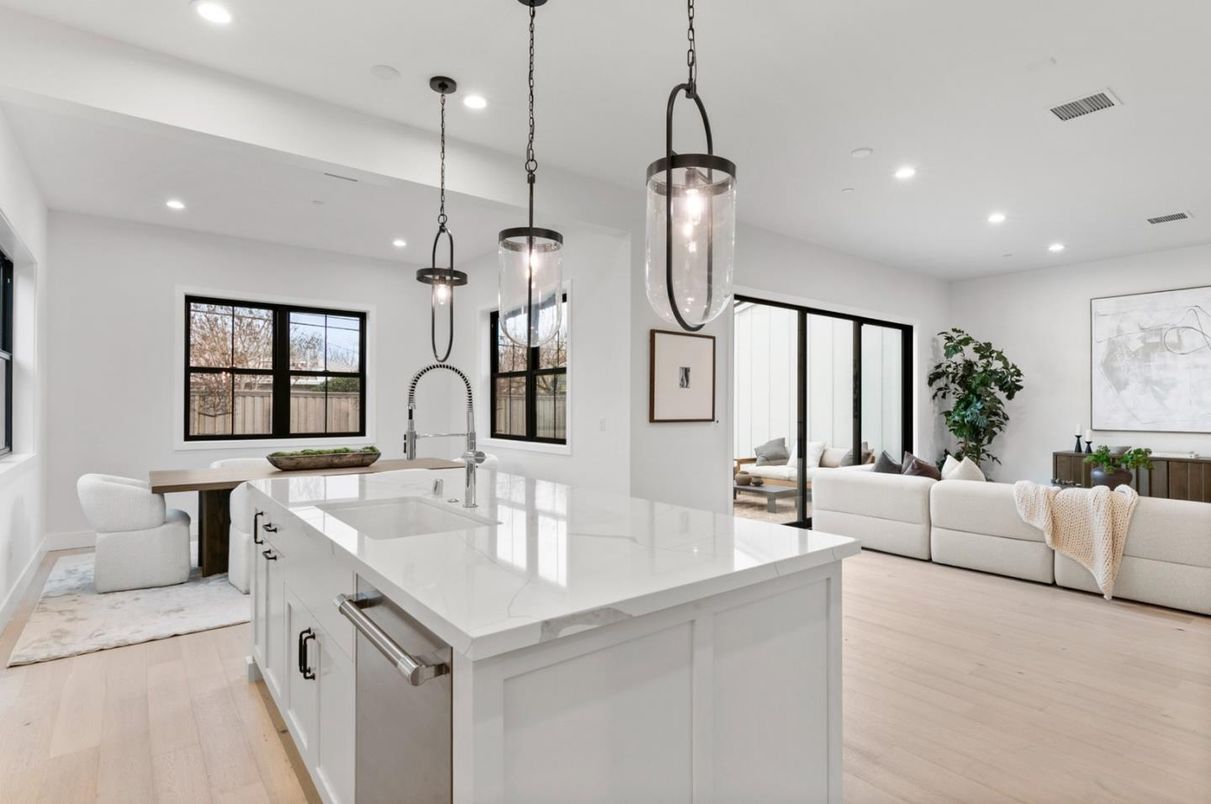 Interior, Kitchen, Living room, Pendant Lights, Recessed Lighting, Wood Texture Flooring