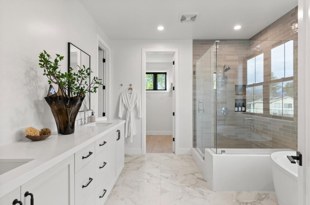 Bathroom, Dual Sink Vanities, Glass Shower, Interior, Marble, Recessed Lighting