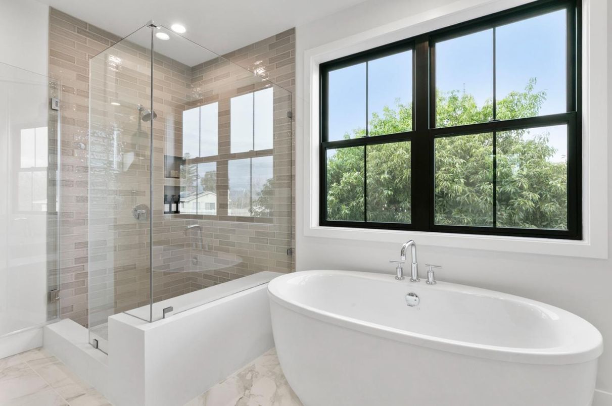 Bathroom, Free Standing Baths, Glass Shower, Interior, Marble, Recessed Lighting