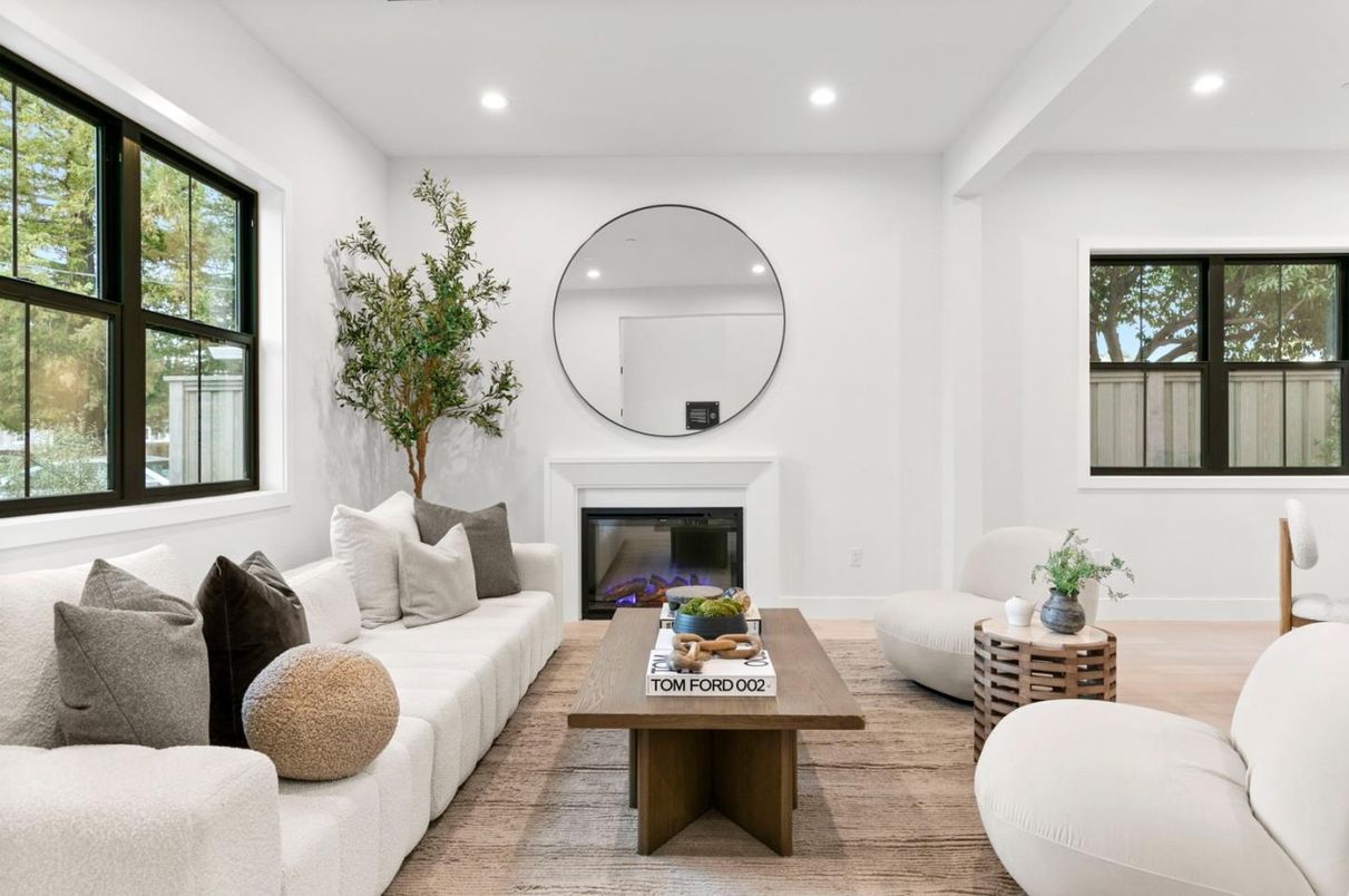 Fireplace, Interior, Living room, Recessed Lighting, Wood Texture Flooring