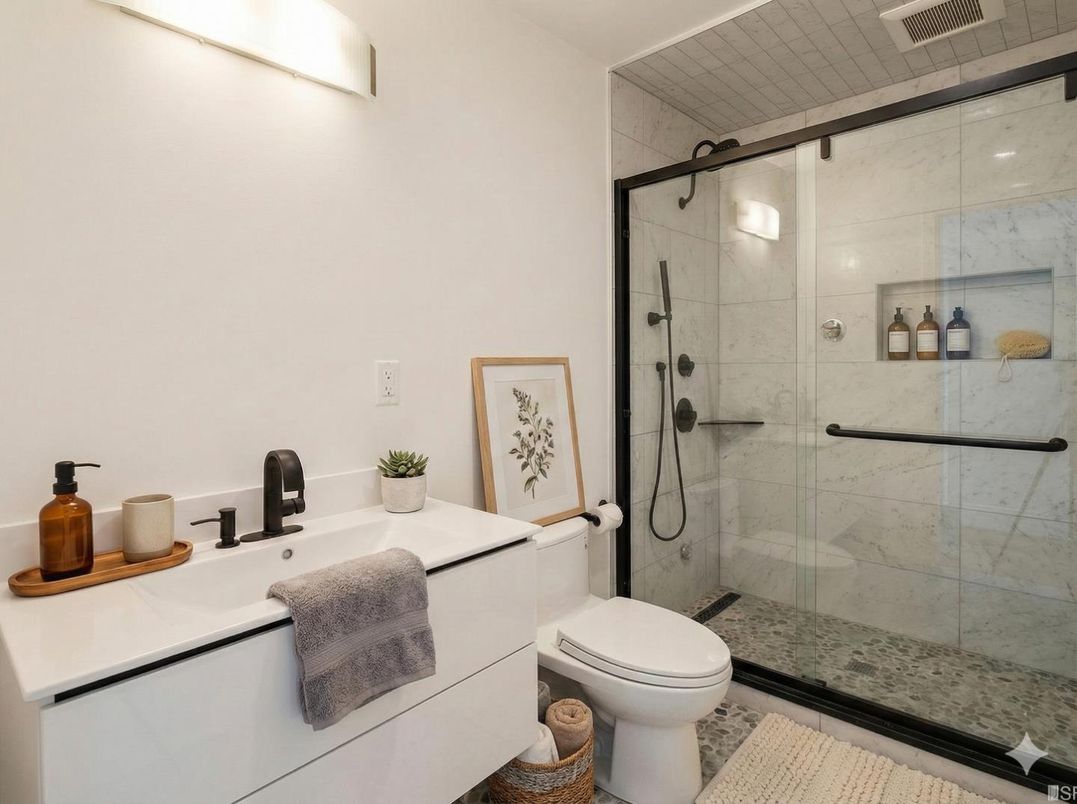 Bathroom, Glass Shower, Interior, Marble Walls