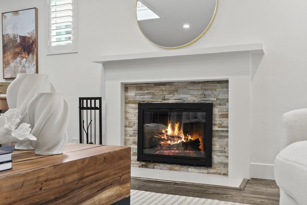 Fireplace, Interior, Recessed Lighting, Wood Texture Flooring