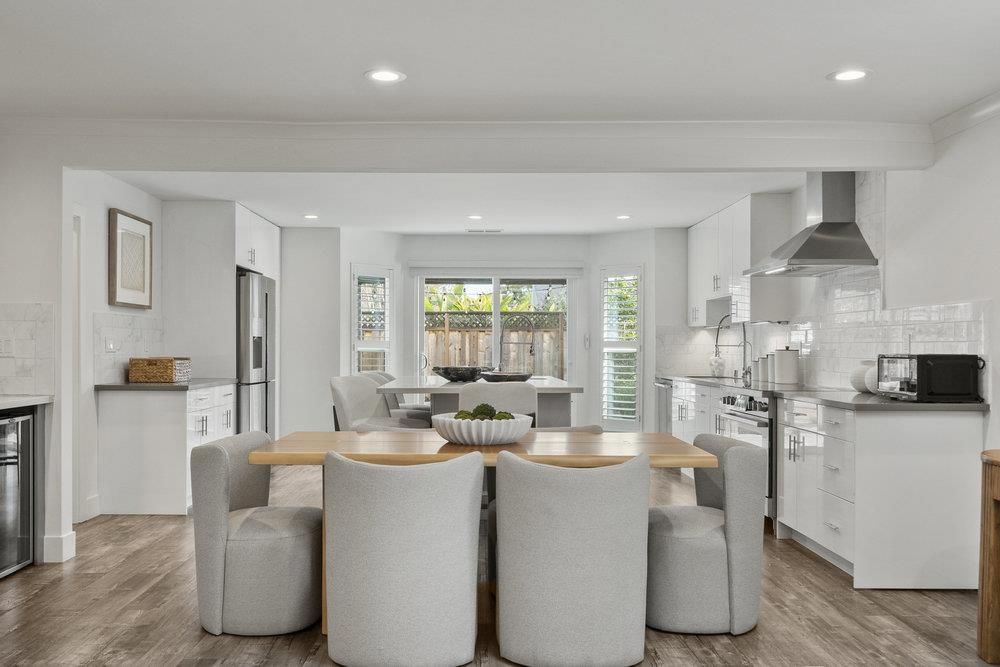 Dining room, Interior, Kitchen, Recessed Lighting, Stainless Steel Appliances, Wood Texture Flooring
