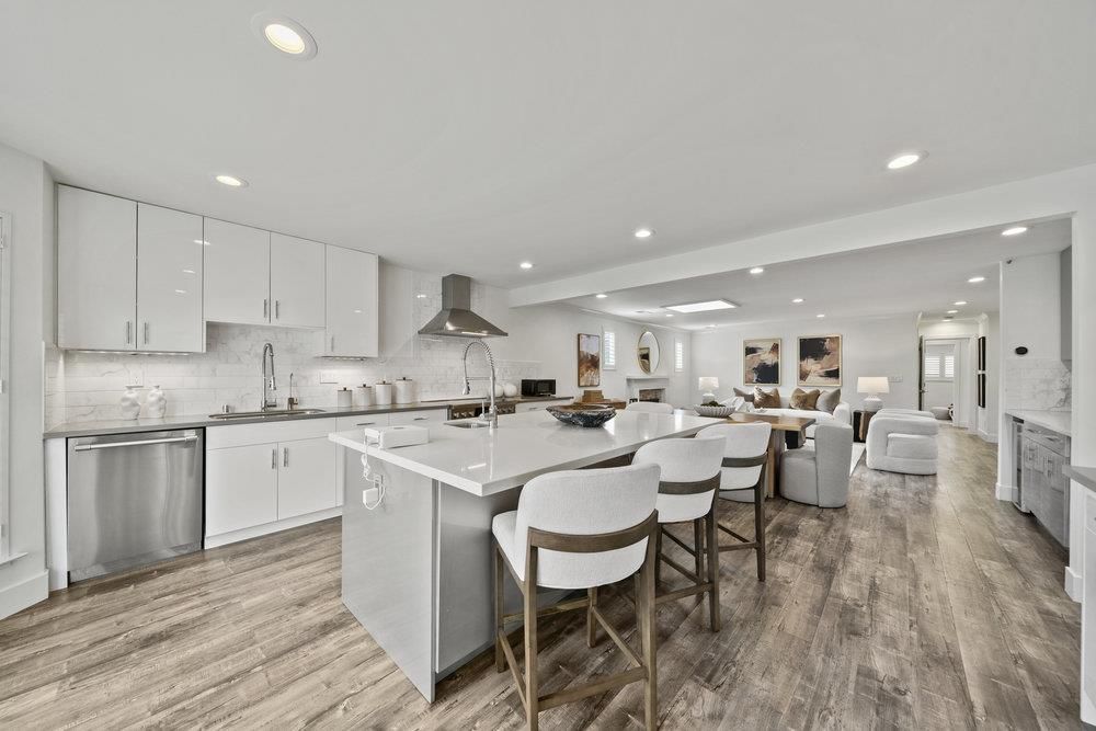 Dining room, Interior, Kitchen, Living room, Recessed Lighting, Stainless Steel Appliances, Wood Texture Flooring