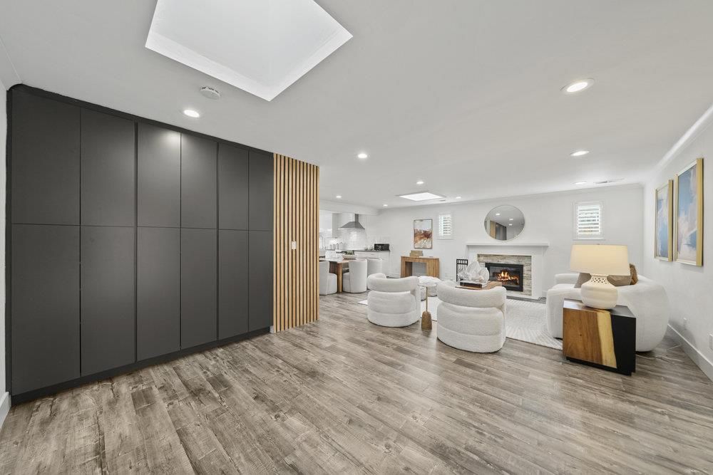 Fireplace, Interior, Kitchen, Living room, Pendant Lights, Recessed Lighting, Wood Texture Flooring