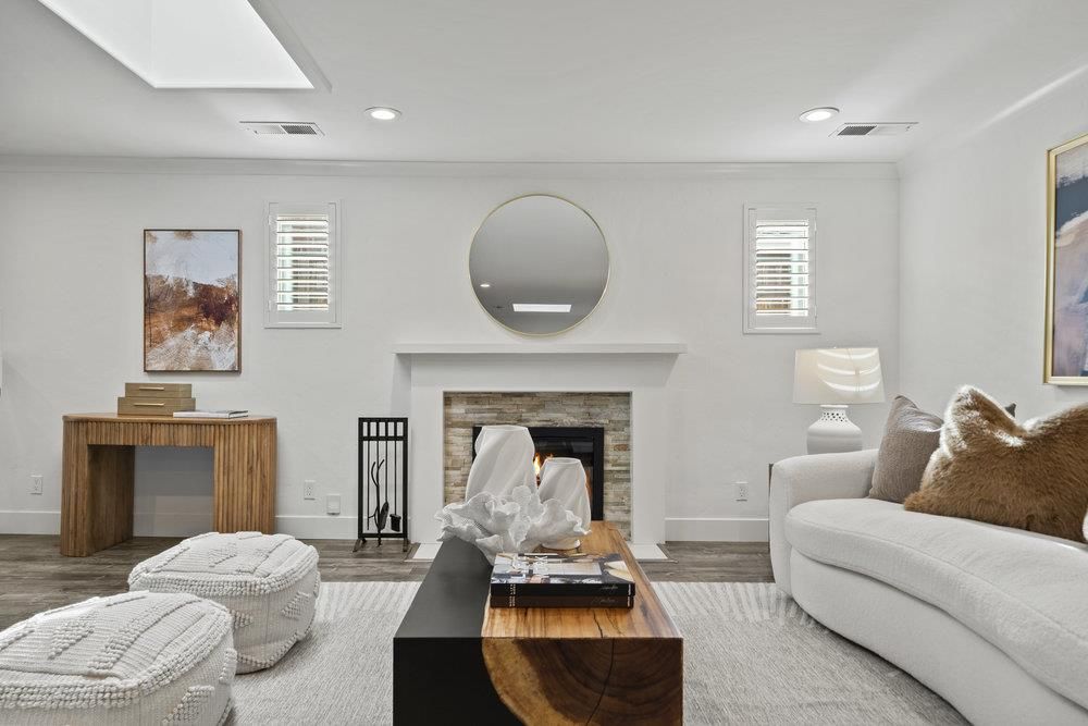 Fireplace, Interior, Living room, Recessed Lighting, Wood Texture Flooring