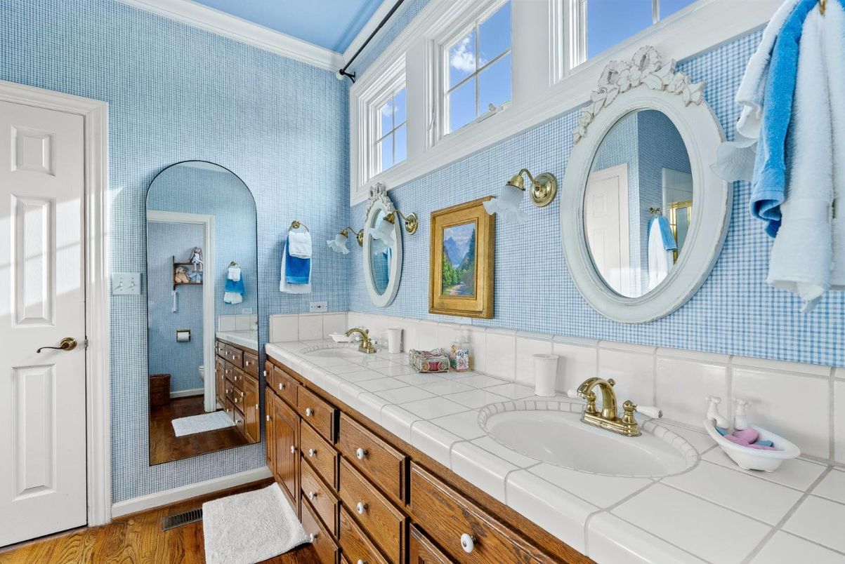 Bathroom, Dual Sink Vanities, Interior, Tile Countertops, Wood Texture Flooring