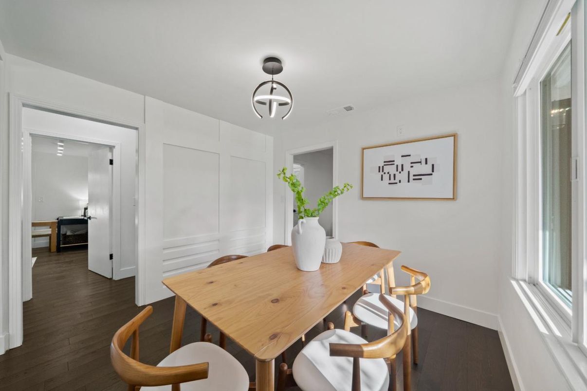 Dining room, Interior, Pendant Lights, Wood Texture Flooring