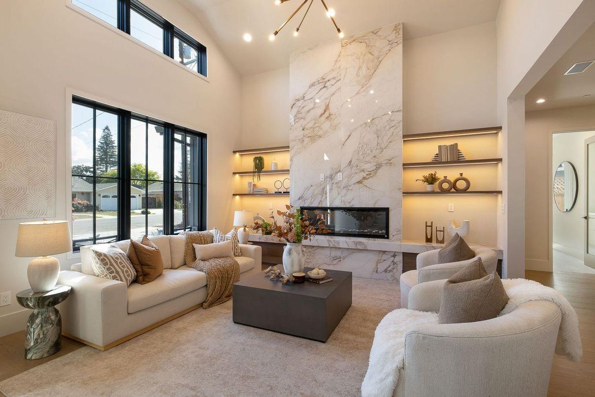 Fireplace, Interior, Living room, Marble Walls, Pendant Lights, Recessed Lighting