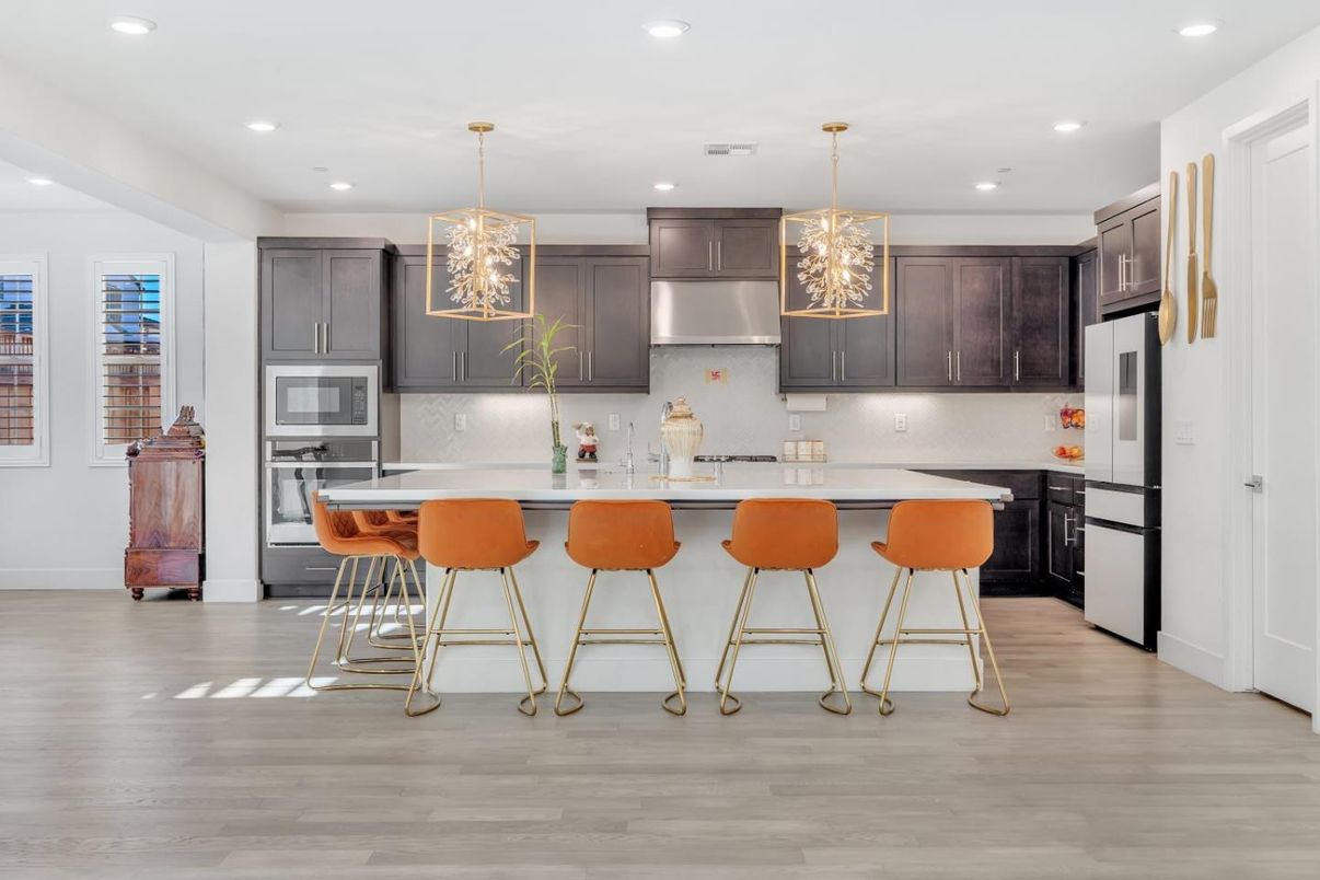 Chandelier, Interior, Kitchen, Pendant Lights, Recessed Lighting, Stainless Steel Appliances, Wood Texture Flooring
