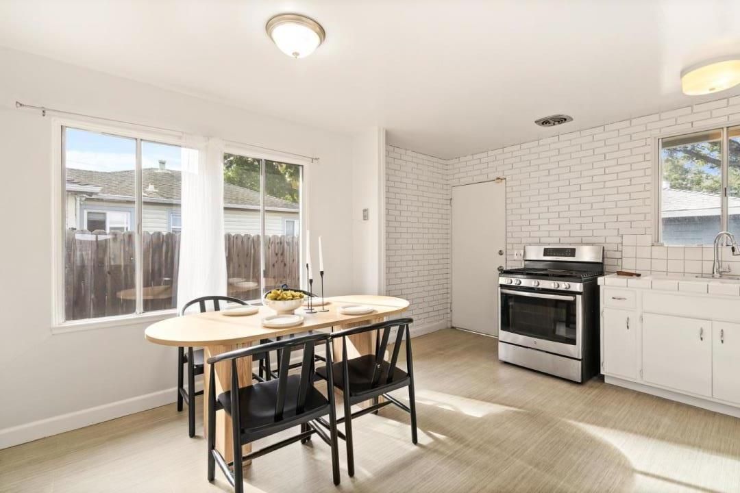 Dining room, Interior, Kitchen, Stainless Steel Appliances, Stone Walls, Wood Texture Flooring