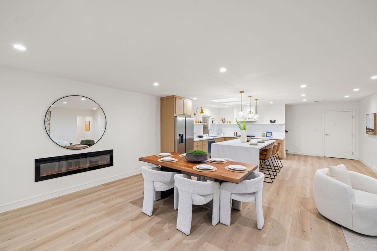 Dining room, Fireplace, Interior, Kitchen, Pendant Lights, Recessed Lighting, Stainless Steel Appliances, Wood Texture Flooring