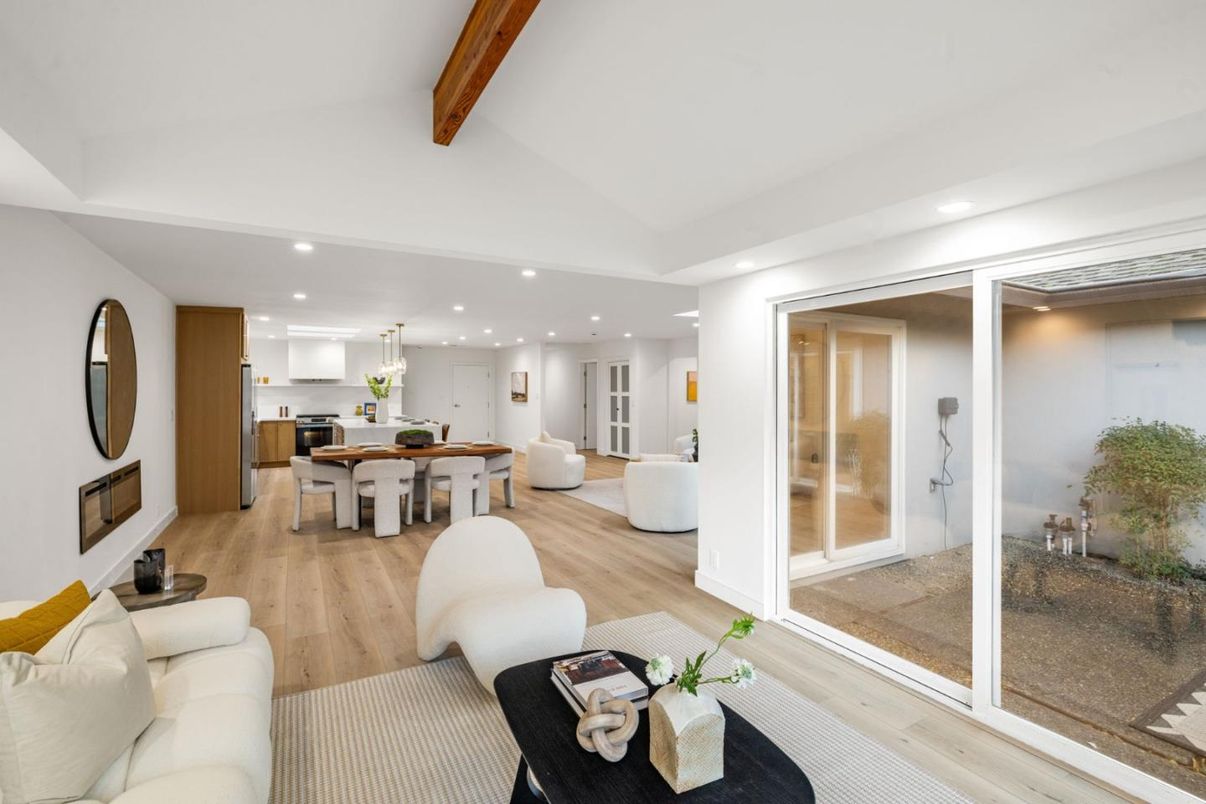Interior, Kitchen, Living room, Pendant Lights, Recessed Lighting, Wooden Beams, Wood Texture Flooring