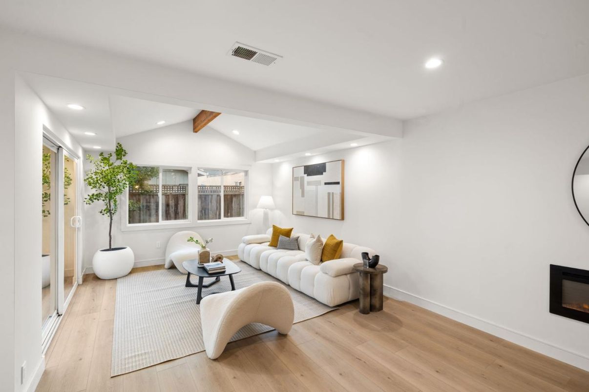 Fireplace, Interior, Living room, Recessed Lighting, Wooden Beams, Wood Texture Flooring