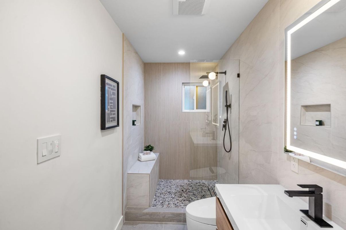 Bathroom, Glass Shower, Interior, Marble Walls, Recessed Lighting