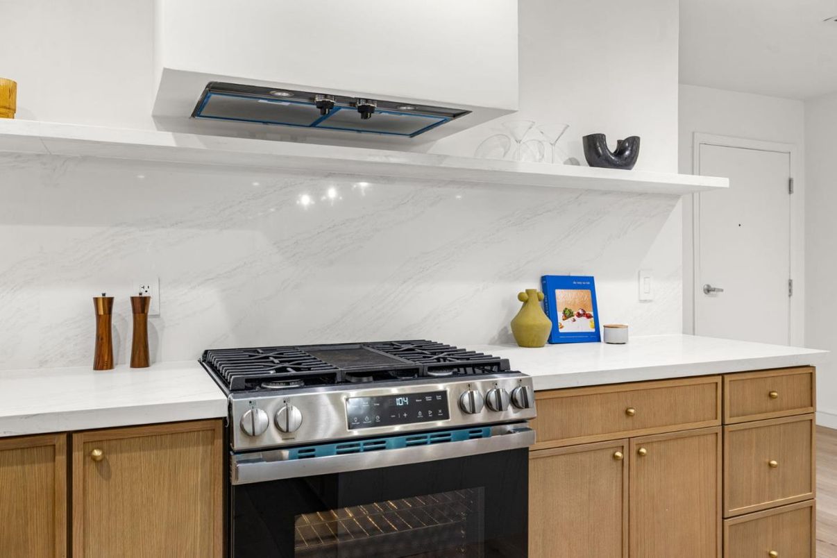 Interior, Kitchen, Marble Walls, Stainless Steel Appliances, Wood Texture Flooring