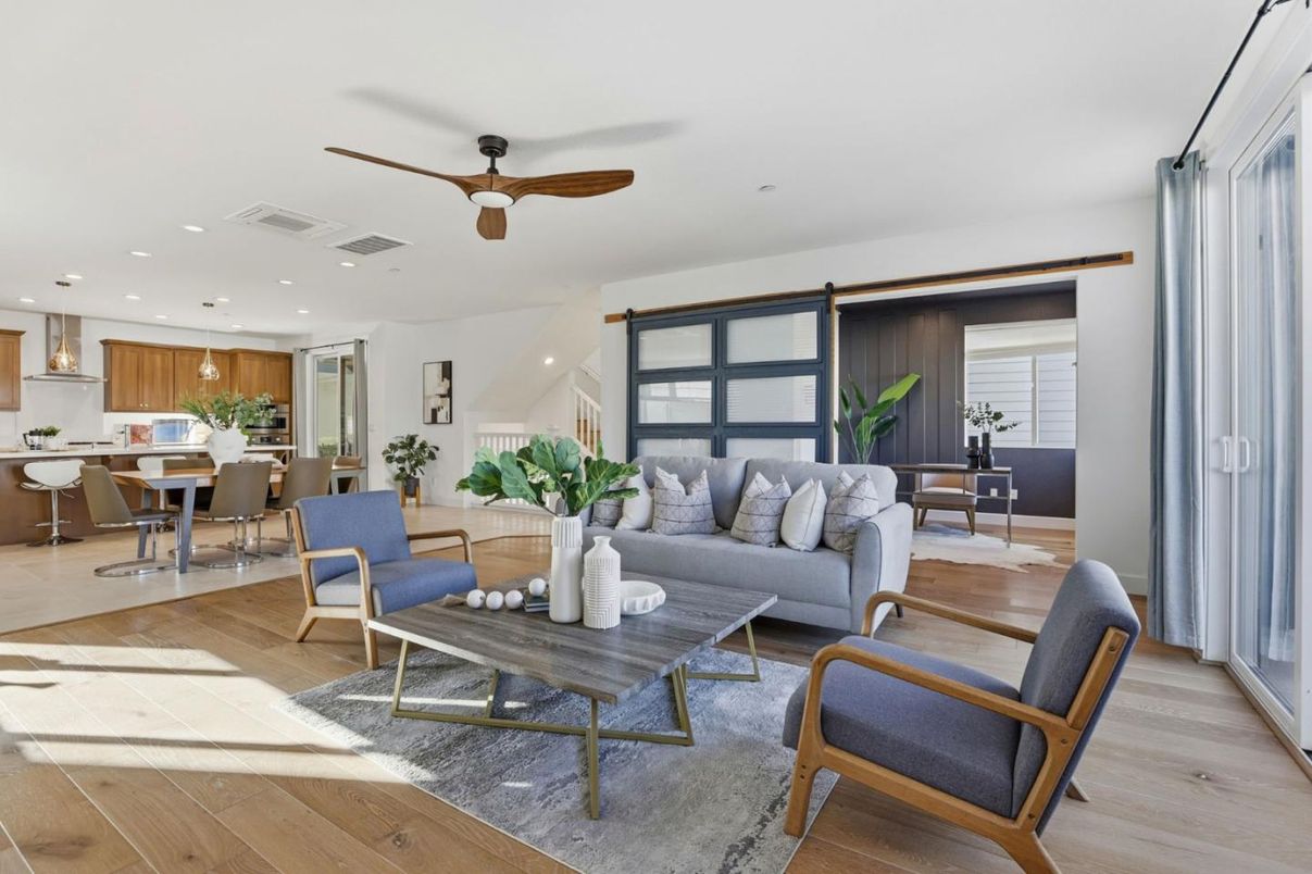 Dining room, Interior, Kitchen, Living room, Recessed Lighting, Wood Texture Flooring