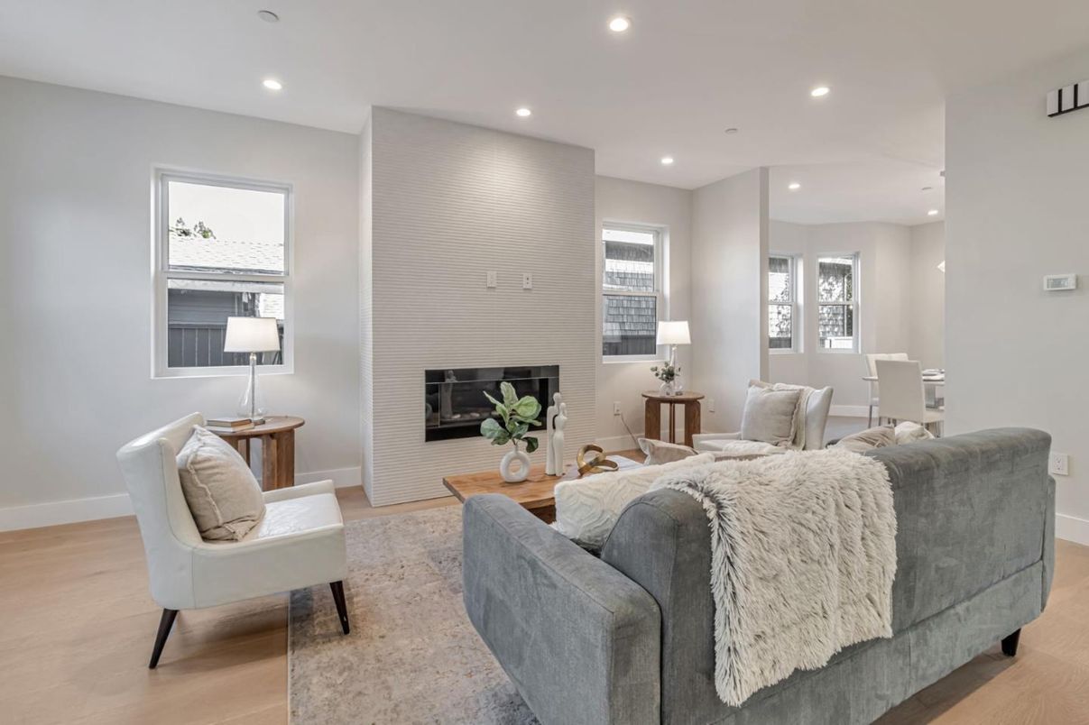 Dining room, Fireplace, Interior, Living room, Recessed Lighting, Wood Texture Flooring