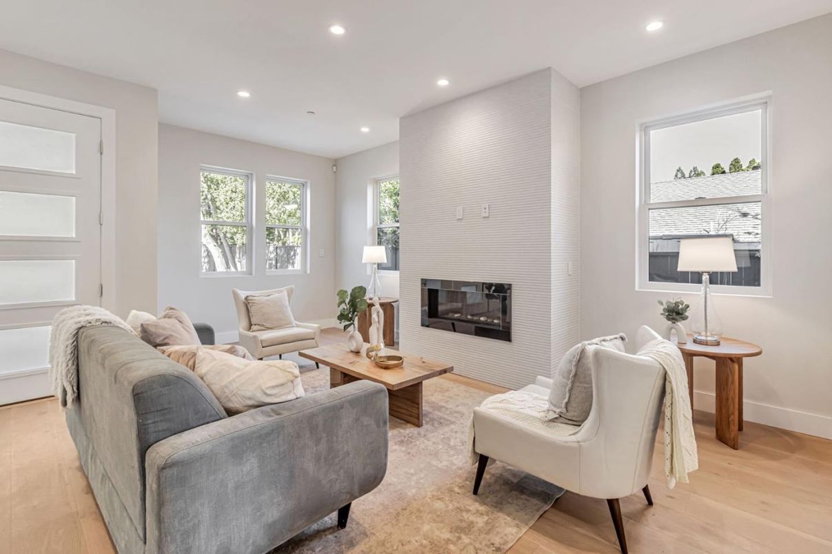 Fireplace, Interior, Living room, Recessed Lighting, Wood Texture Flooring