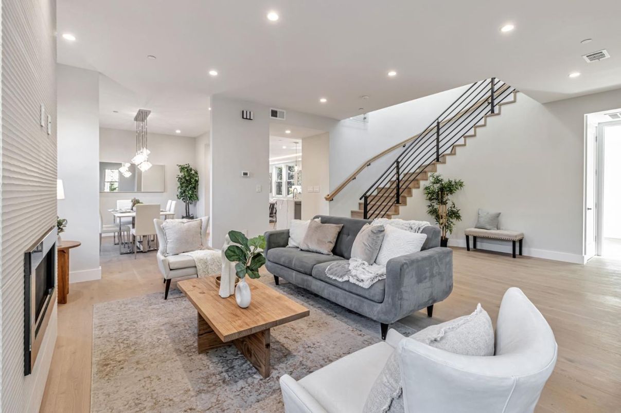 Dining room, Fireplace, Interior, Living room, Pendant Lights, Recessed Lighting, Wood Texture Flooring