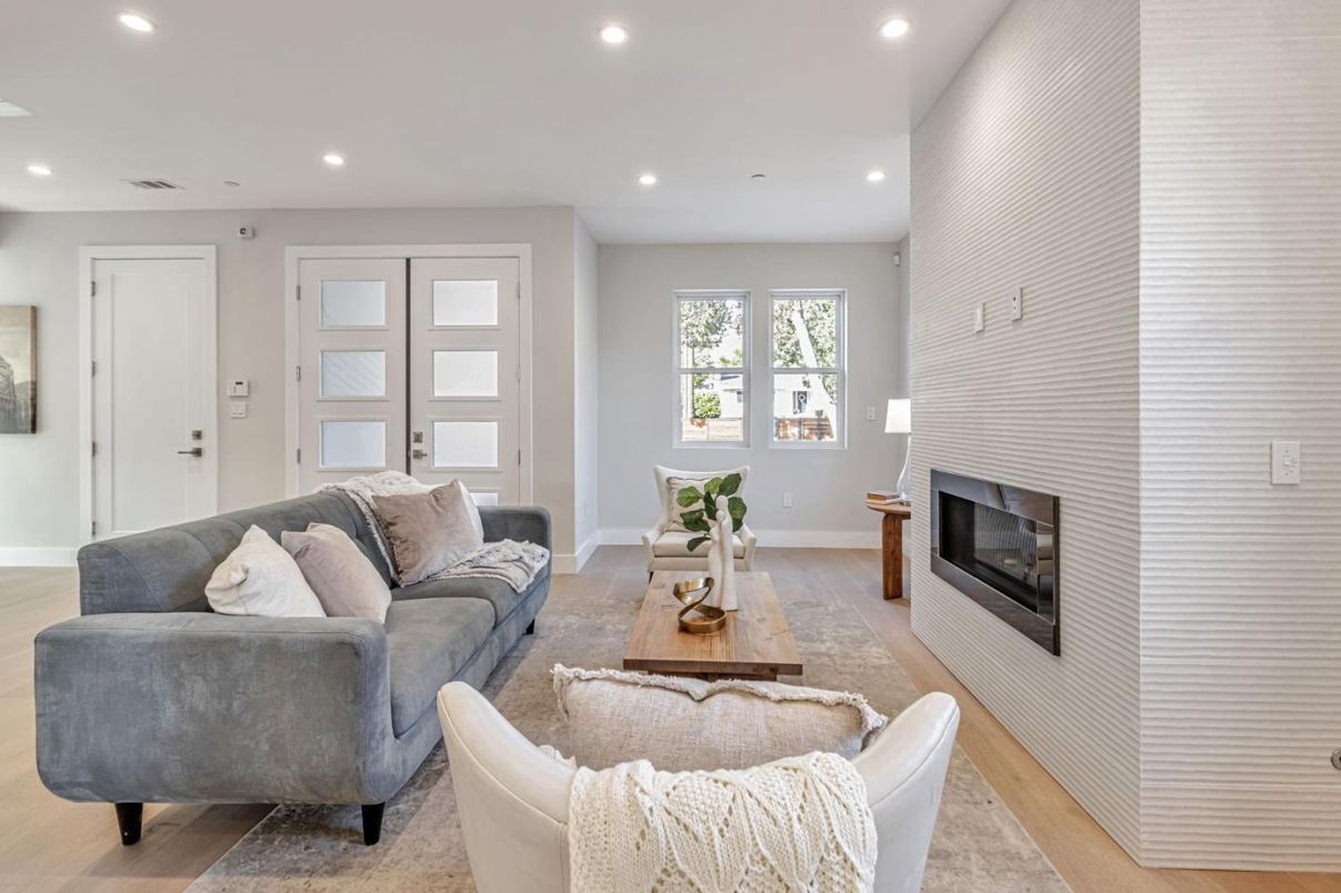 Fireplace, Interior, Living room, Recessed Lighting, Wood Texture Flooring