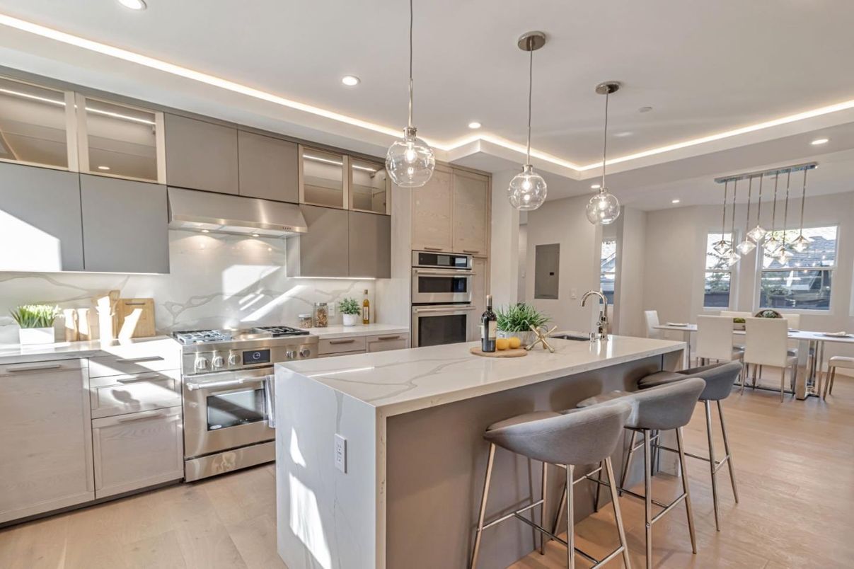 Interior, Kitchen, Pendant Lights, Recessed Lighting, Stainless Steel Appliances, Wood Texture Flooring