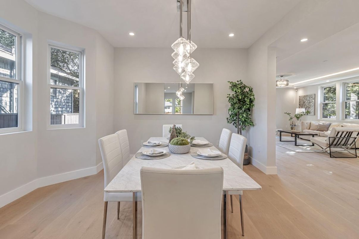Dining room, Interior, Living room, Pendant Lights, Recessed Lighting, Wood Texture Flooring