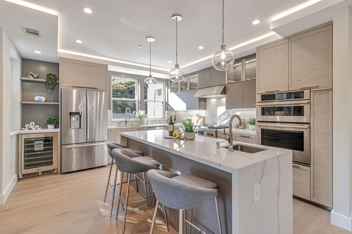 Interior, Kitchen, Pendant Lights, Recessed Lighting, Stainless Steel Appliances, Wood Texture Flooring