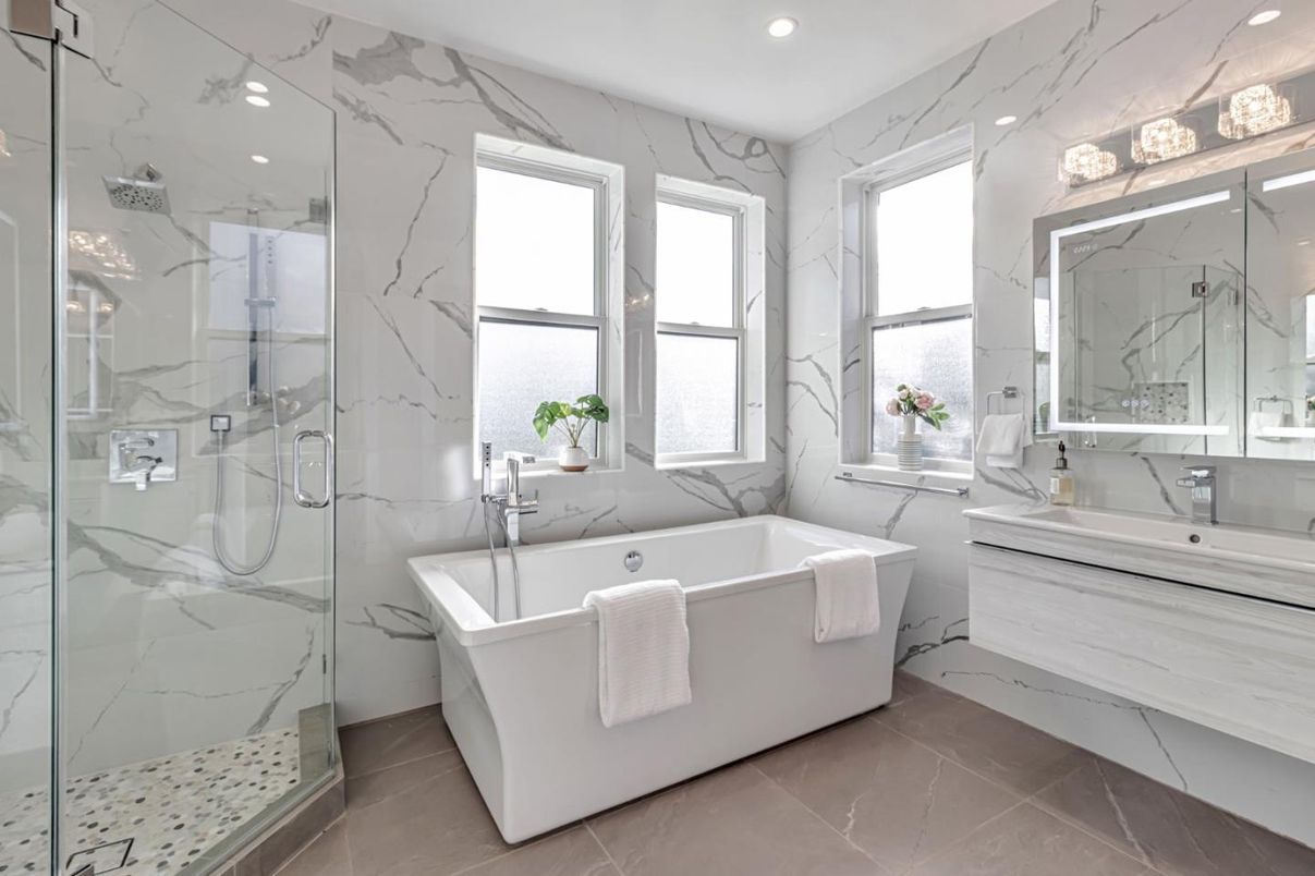 Bathroom, Free Standing Baths, Glass Shower, Interior, Marble Walls, Recessed Lighting