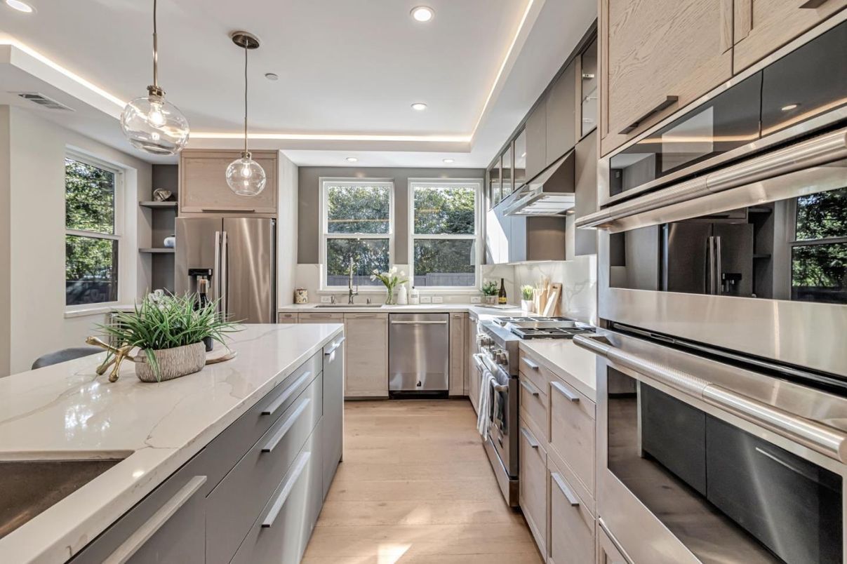 Interior, Kitchen, Pendant Lights, Recessed Lighting, Stainless Steel Appliances, Wood Texture Flooring