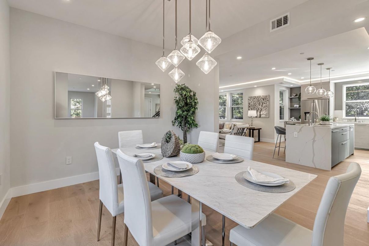 Dining room, Interior, Kitchen, Pendant Lights, Recessed Lighting, Stainless Steel Appliances, Wood Texture Flooring
