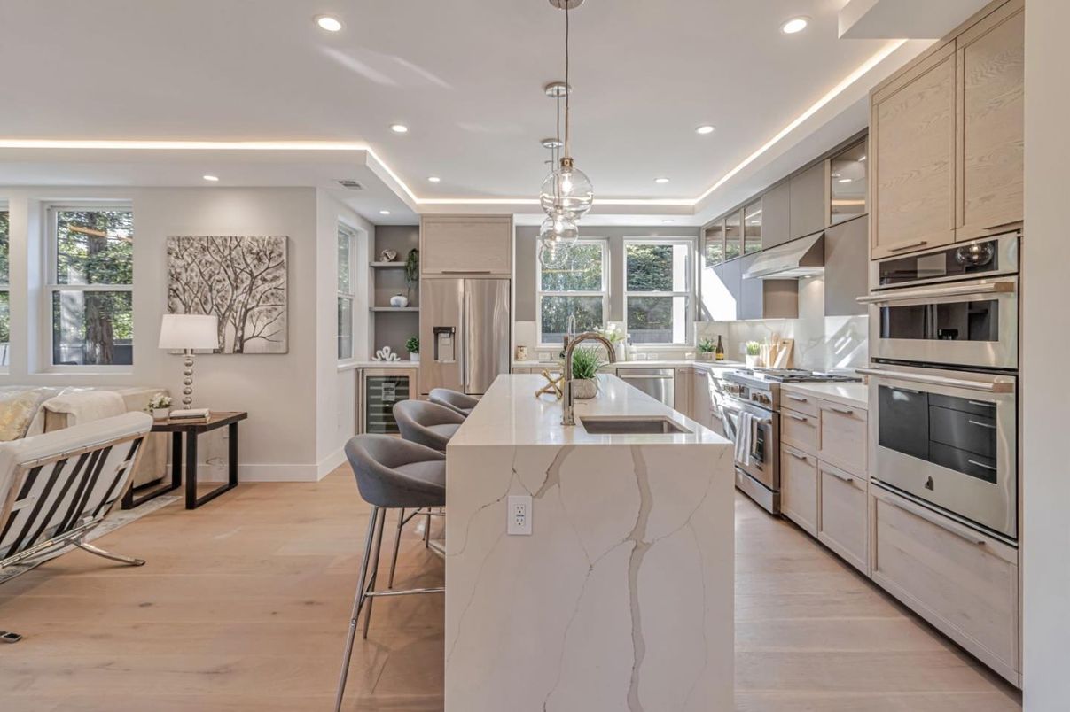 Interior, Kitchen, Pendant Lights, Recessed Lighting, Stainless Steel Appliances, Wood Texture Flooring