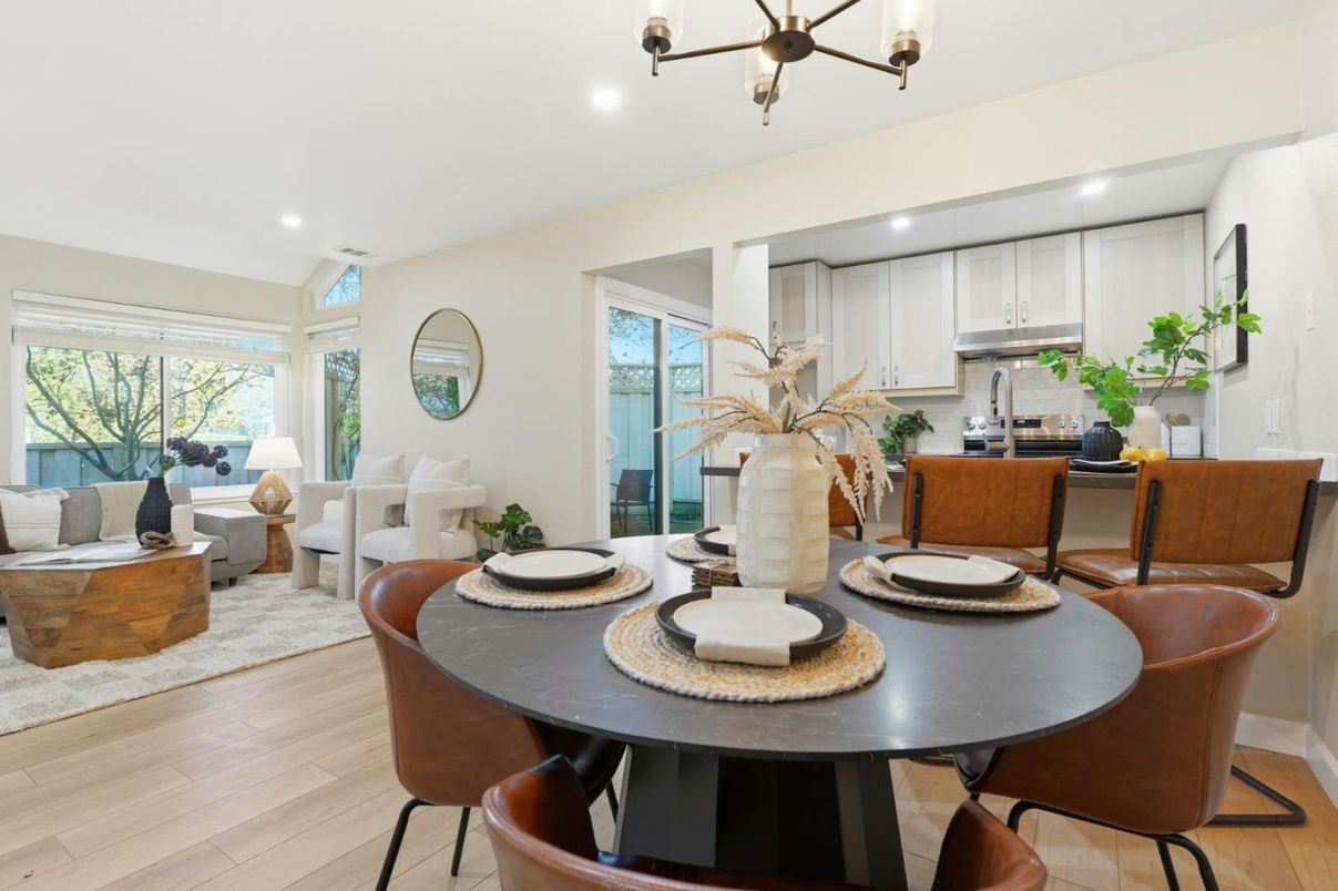 Dining room, Interior, Kitchen, Living room, Pendant Lights, Recessed Lighting, Stainless Steel Appliances, Wood Texture Flooring